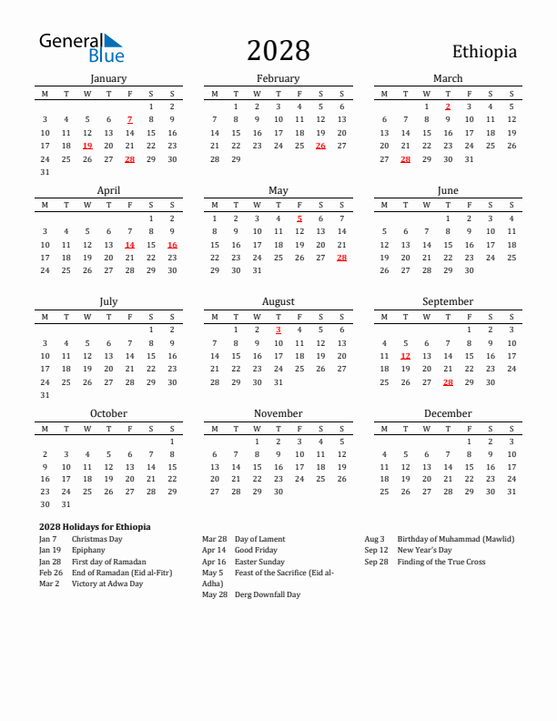 Ethiopia Holidays Calendar for 2028