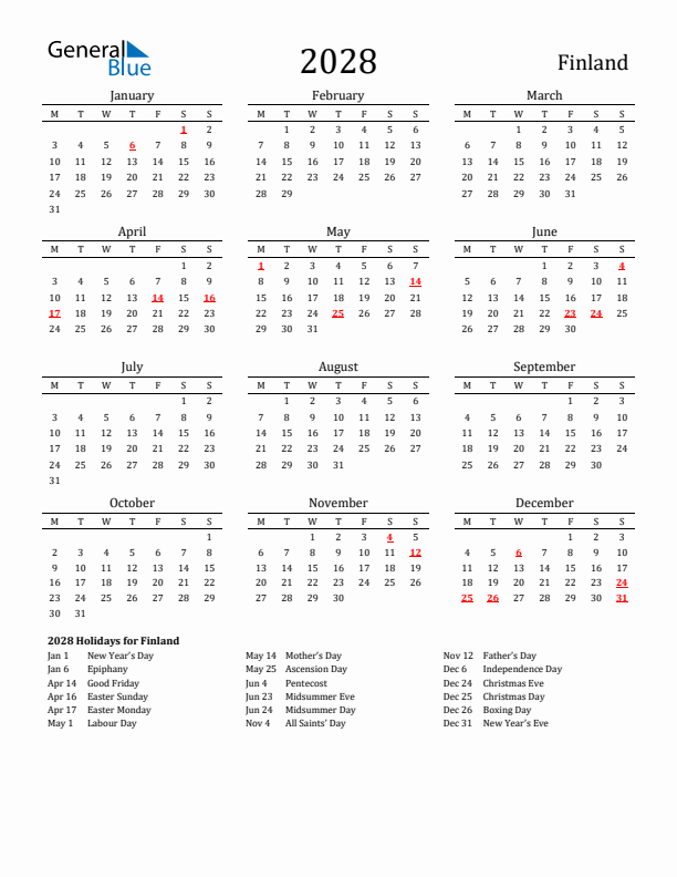 Finland Holidays Calendar for 2028