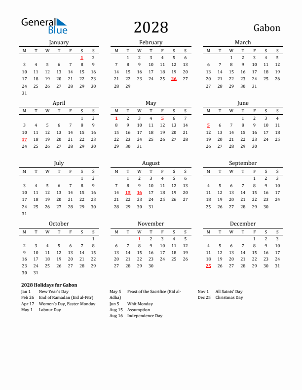 Gabon Holidays Calendar for 2028