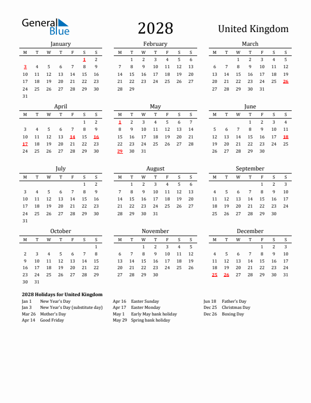 United Kingdom Holidays Calendar for 2028