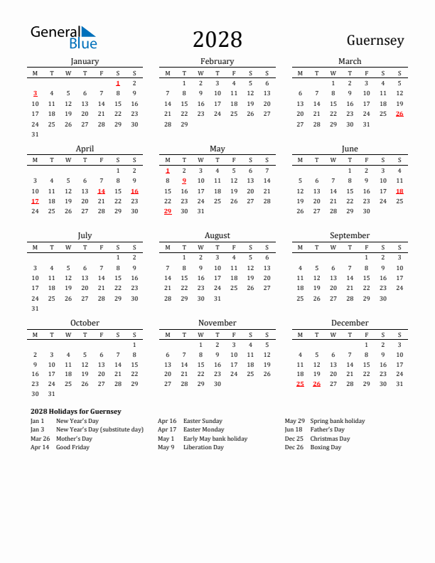 Guernsey Holidays Calendar for 2028