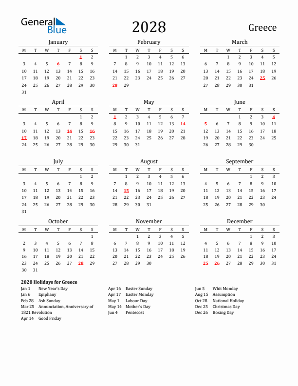 Greece Holidays Calendar for 2028
