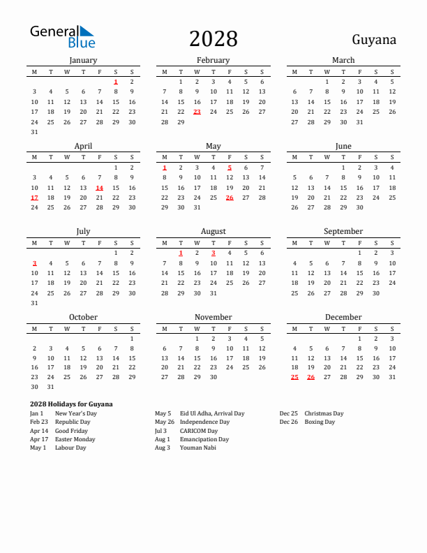 Guyana Holidays Calendar for 2028