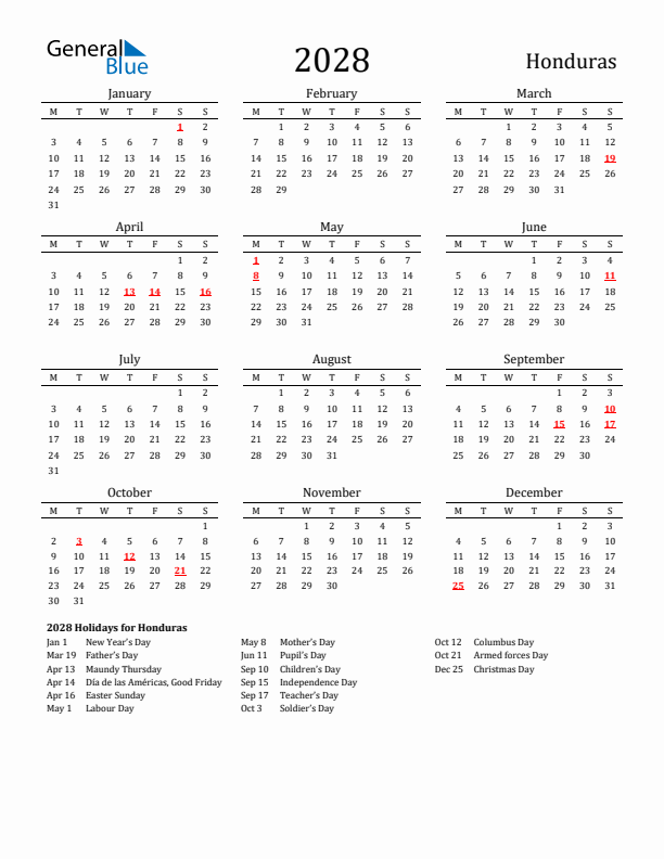 Honduras Holidays Calendar for 2028
