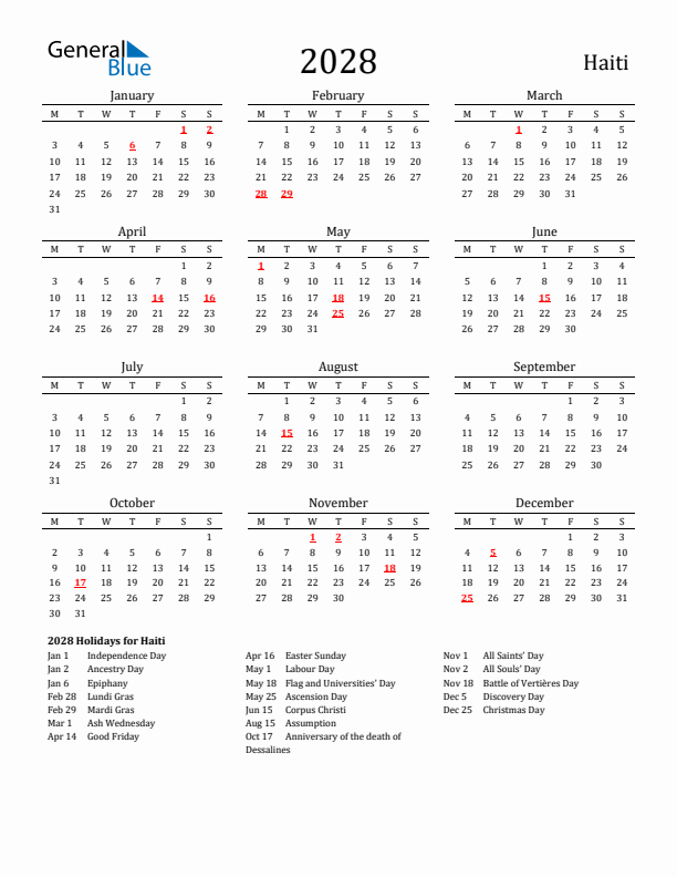 Haiti Holidays Calendar for 2028