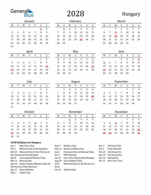 Hungary Holidays Calendar for 2028