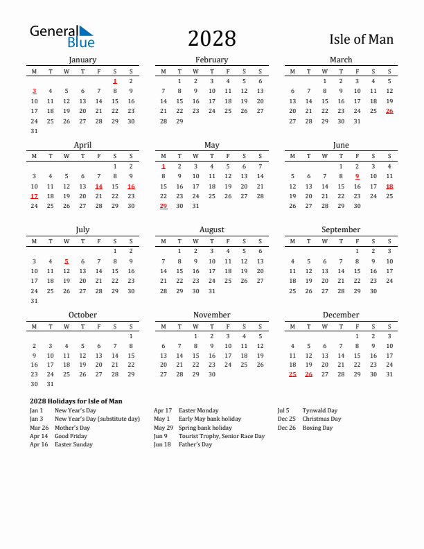 Isle of Man Holidays Calendar for 2028