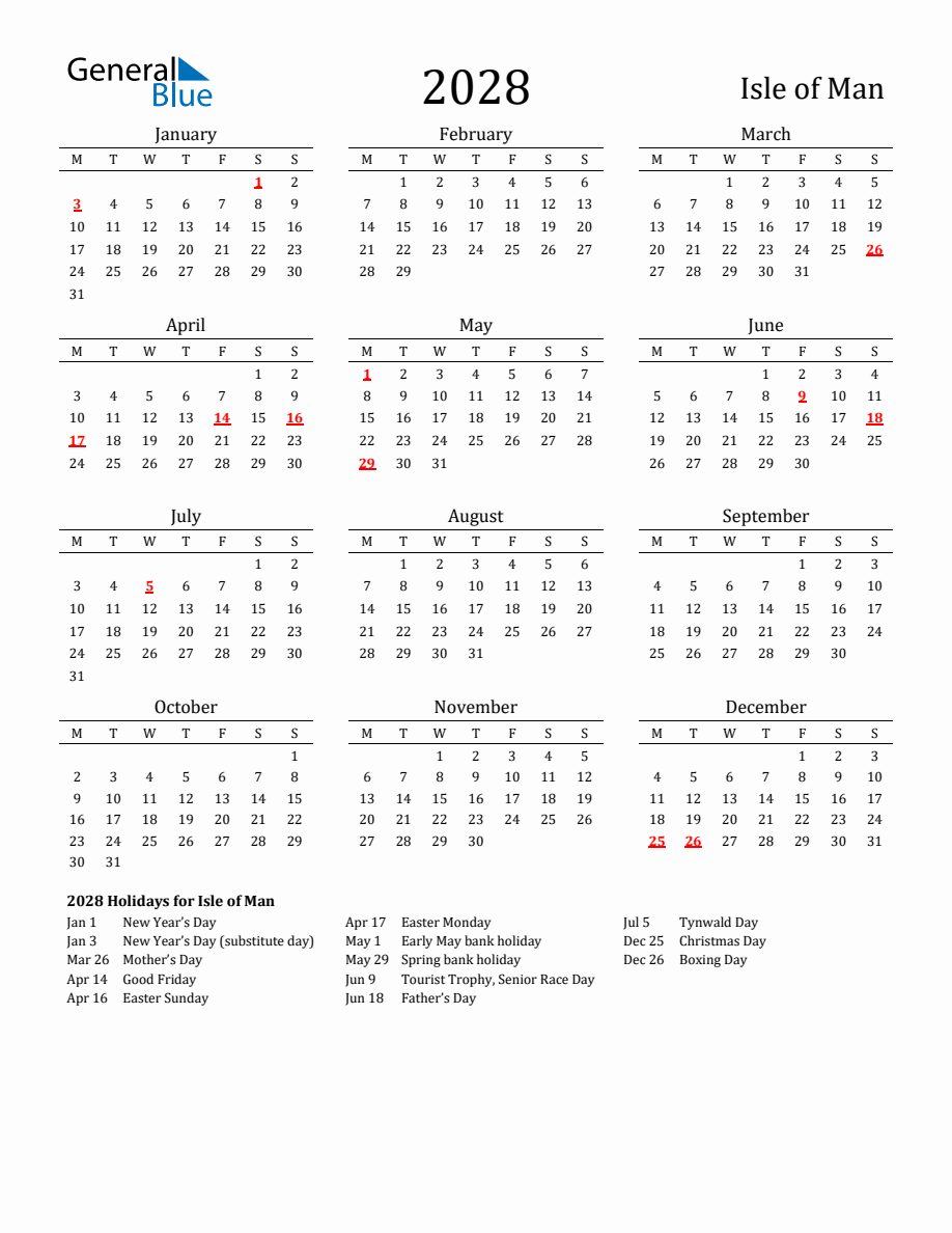 Free Isle Of Man Holidays Calendar For Year 2028