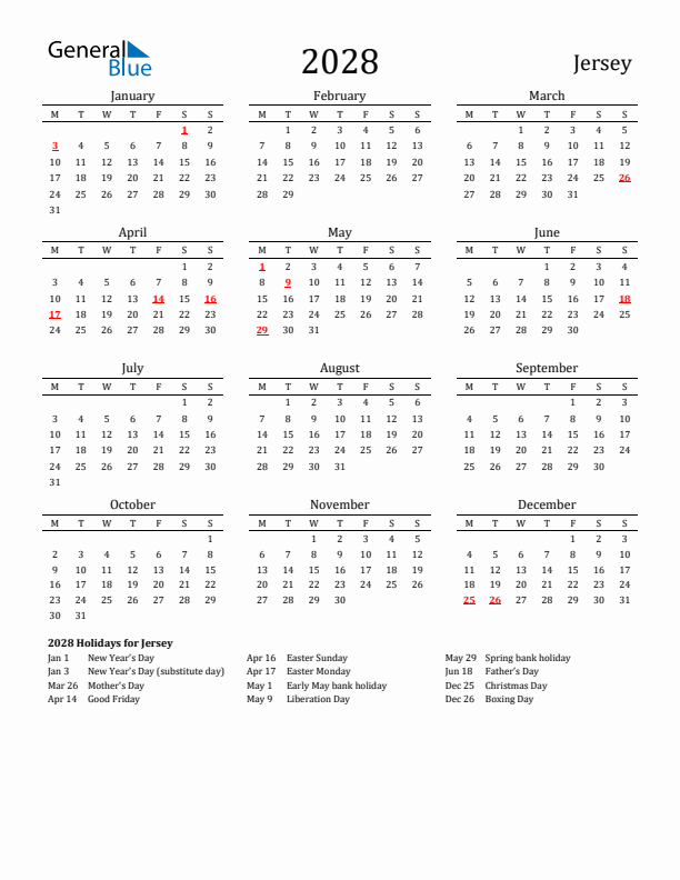 Jersey Holidays Calendar for 2028