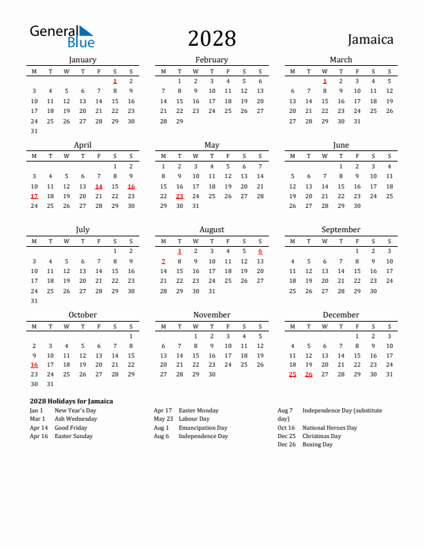 Jamaica Holidays Calendar for 2028