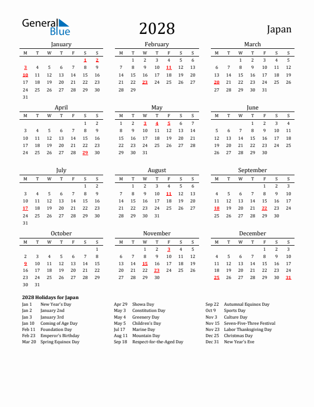 2028 Japan Calendar with Holidays