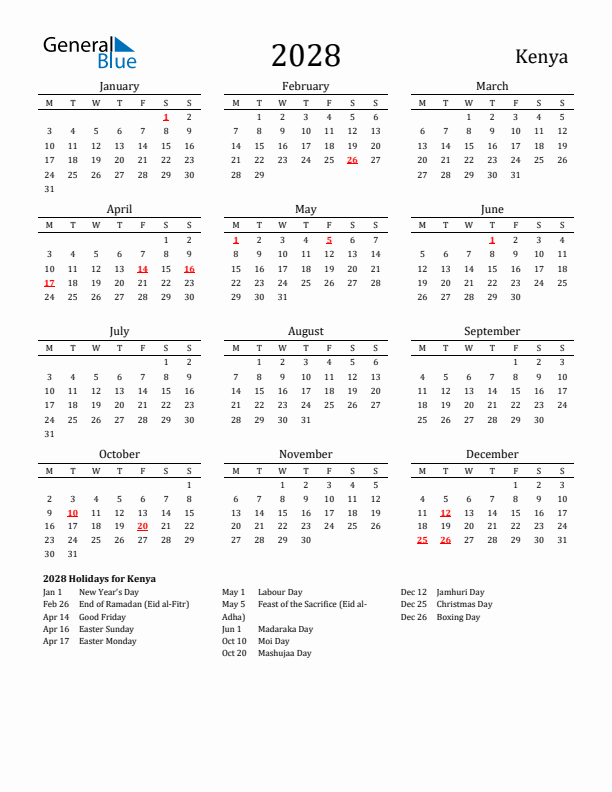 Kenya Holidays Calendar for 2028