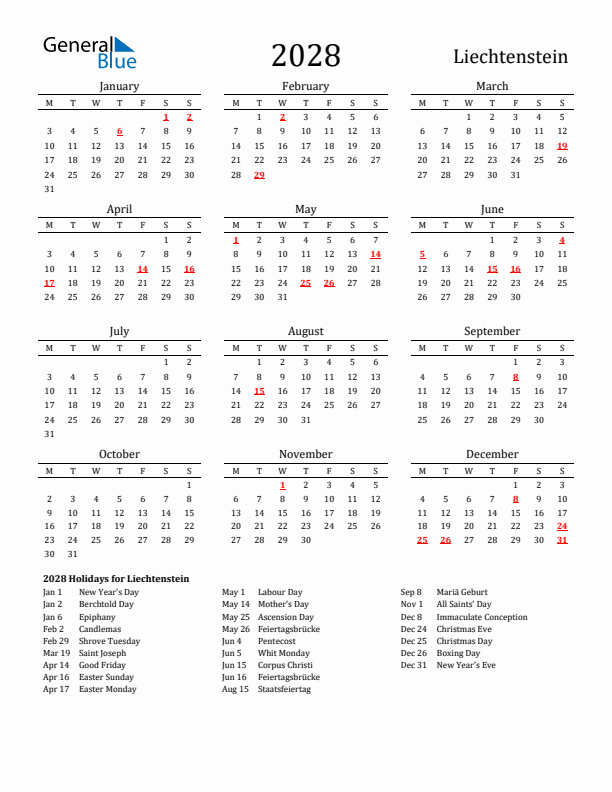 Liechtenstein Holidays Calendar for 2028