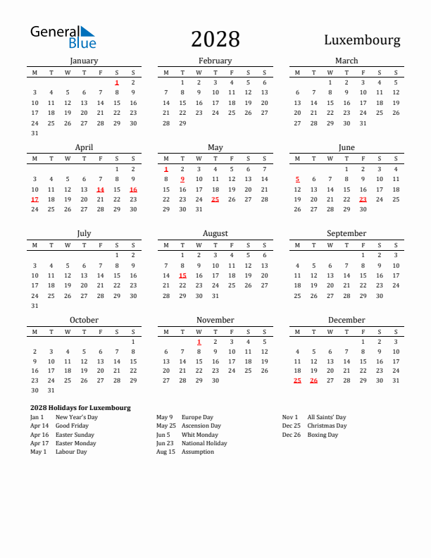 Luxembourg Holidays Calendar for 2028