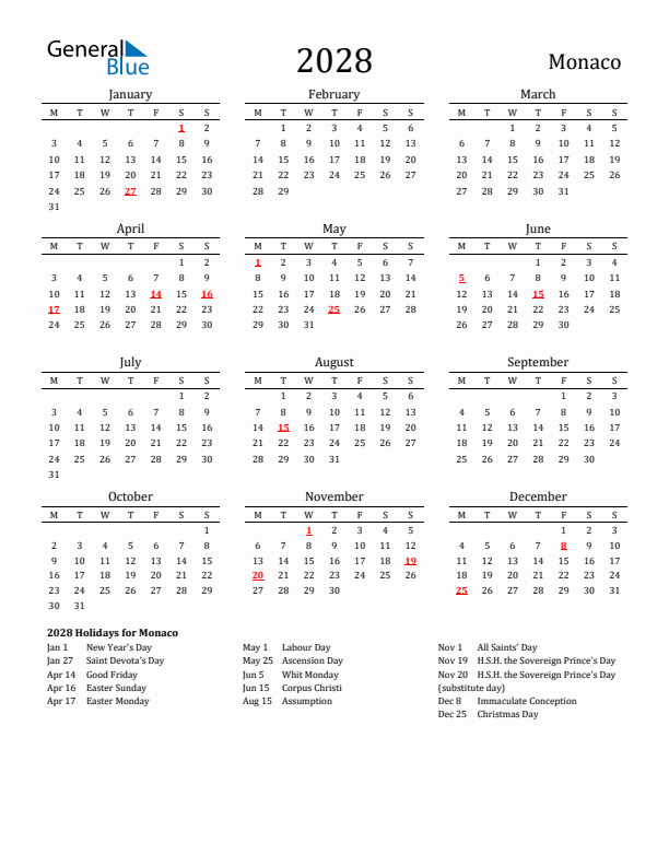 Monaco Holidays Calendar for 2028