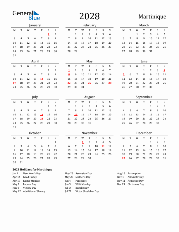 Martinique Holidays Calendar for 2028