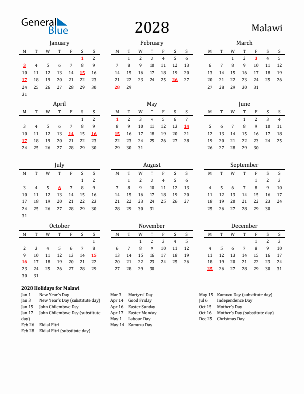 Malawi Holidays Calendar for 2028