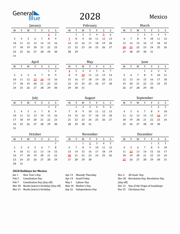 Mexico Holidays Calendar for 2028