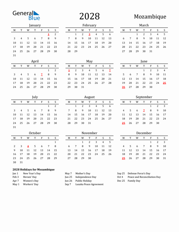 Mozambique Holidays Calendar for 2028