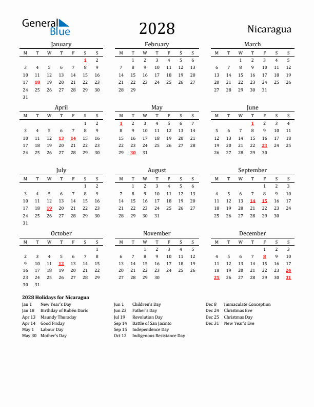Nicaragua Holidays Calendar for 2028