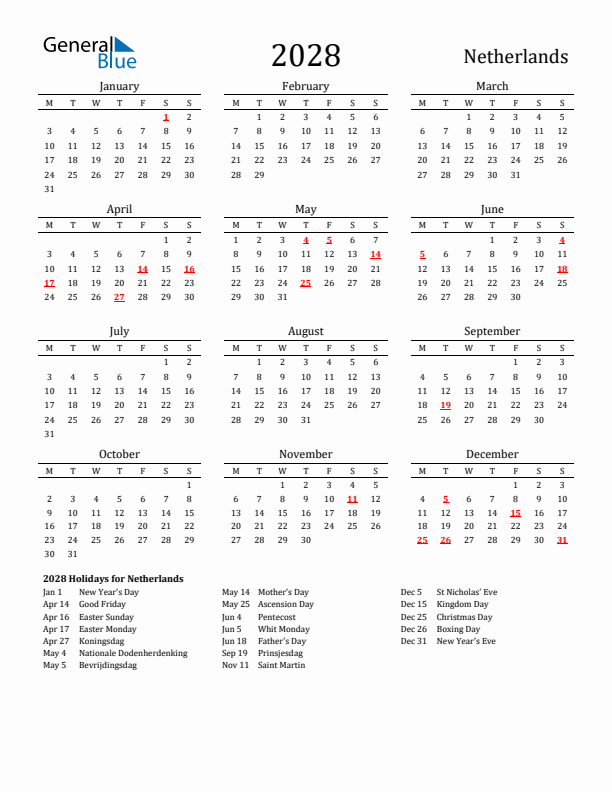 The Netherlands Holidays Calendar for 2028