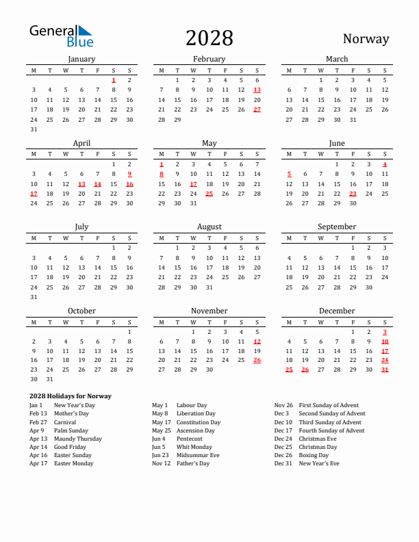 Norway Holidays Calendar for 2028