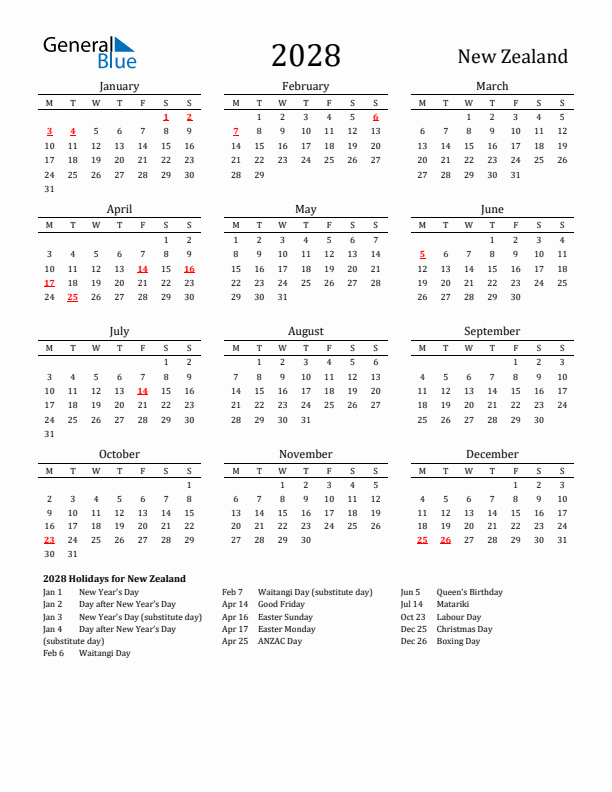 New Zealand Holidays Calendar for 2028