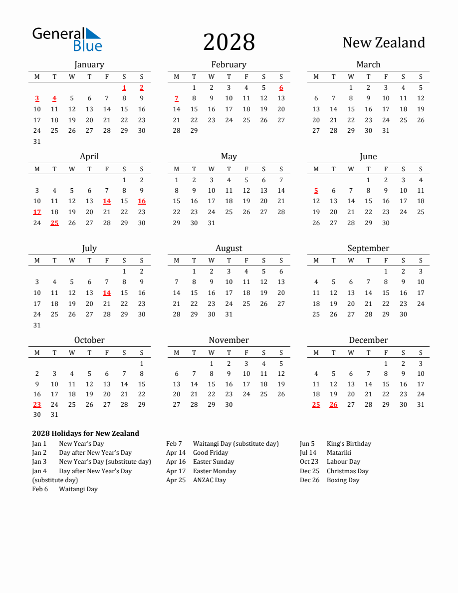 Free New Zealand Holidays Calendar for Year 2028