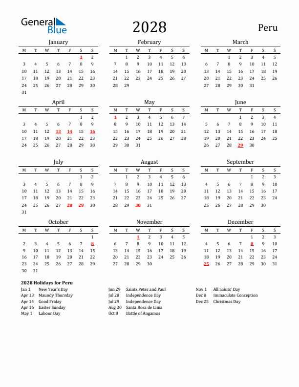 Peru Holidays Calendar for 2028