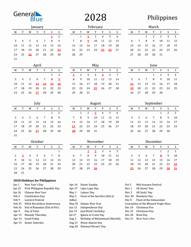 Philippines Holidays Calendar for 2028