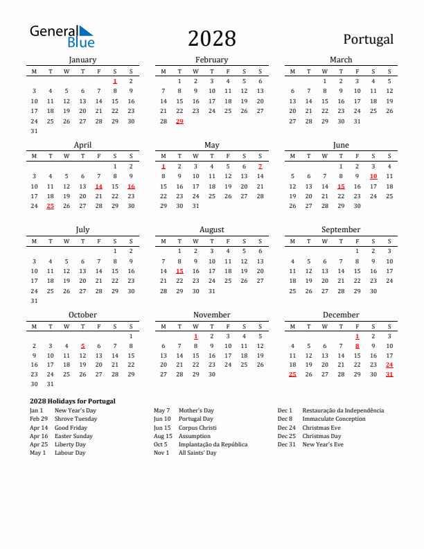 Portugal Holidays Calendar for 2028