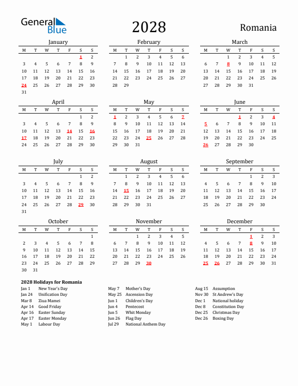 Romania Holidays Calendar for 2028