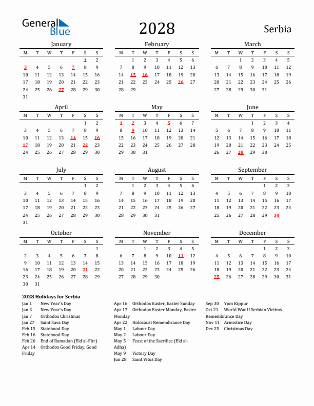 Serbia Holidays Calendar for 2028
