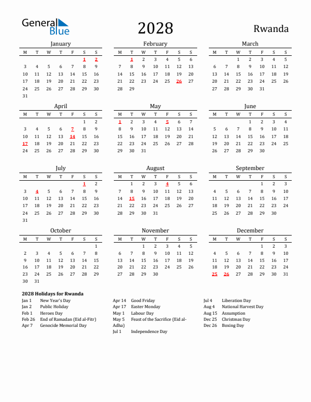 Rwanda Holidays Calendar for 2028