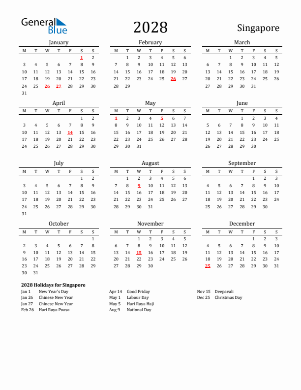 Singapore Holidays Calendar for 2028