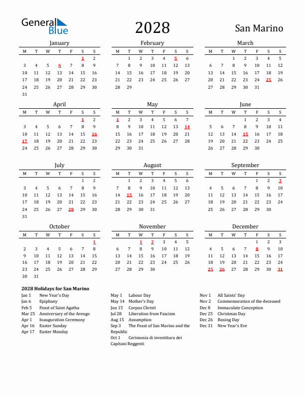 San Marino Holidays Calendar for 2028