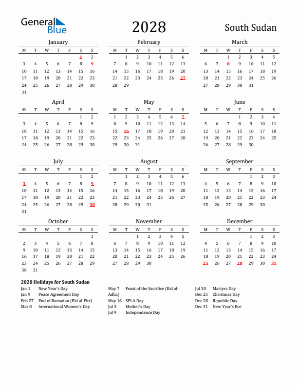South Sudan Holidays Calendar for 2028