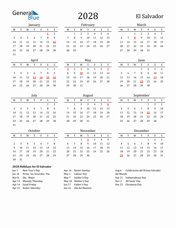 El Salvador Holidays Calendar for 2028