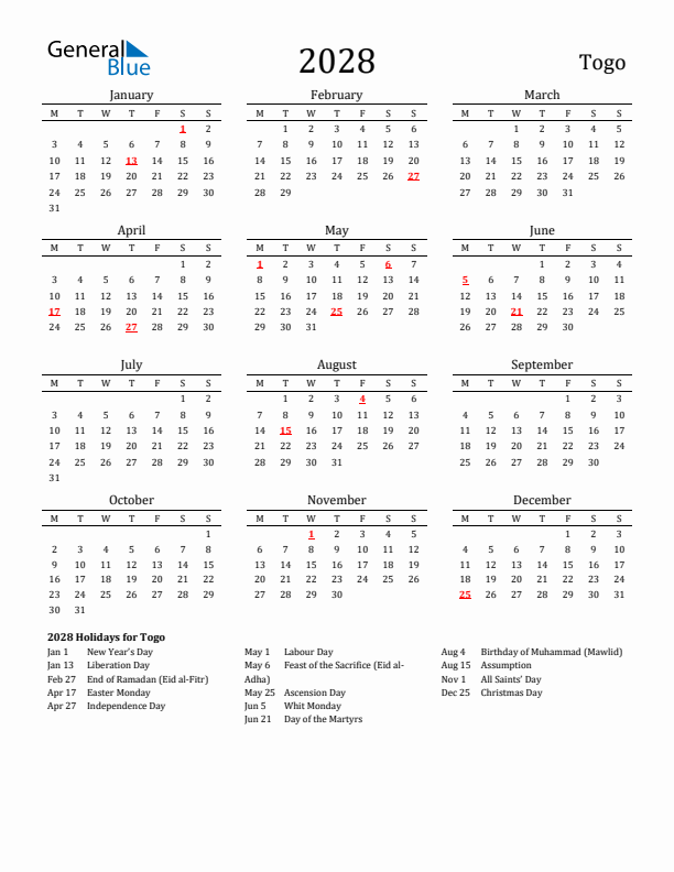 Togo Holidays Calendar for 2028