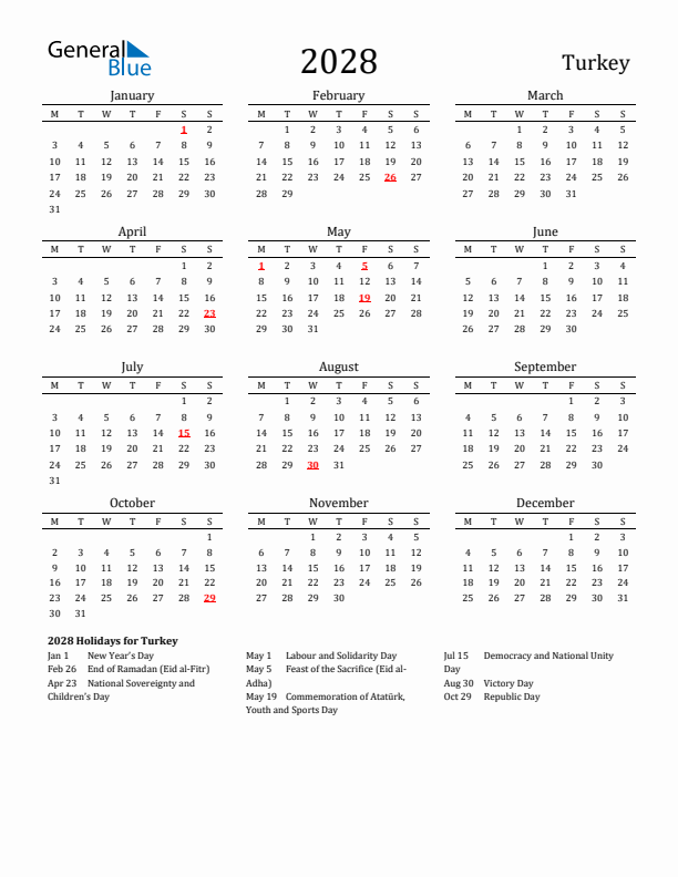 Turkey Holidays Calendar for 2028