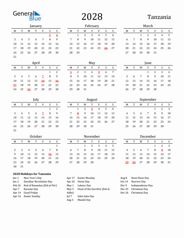 Tanzania Holidays Calendar for 2028