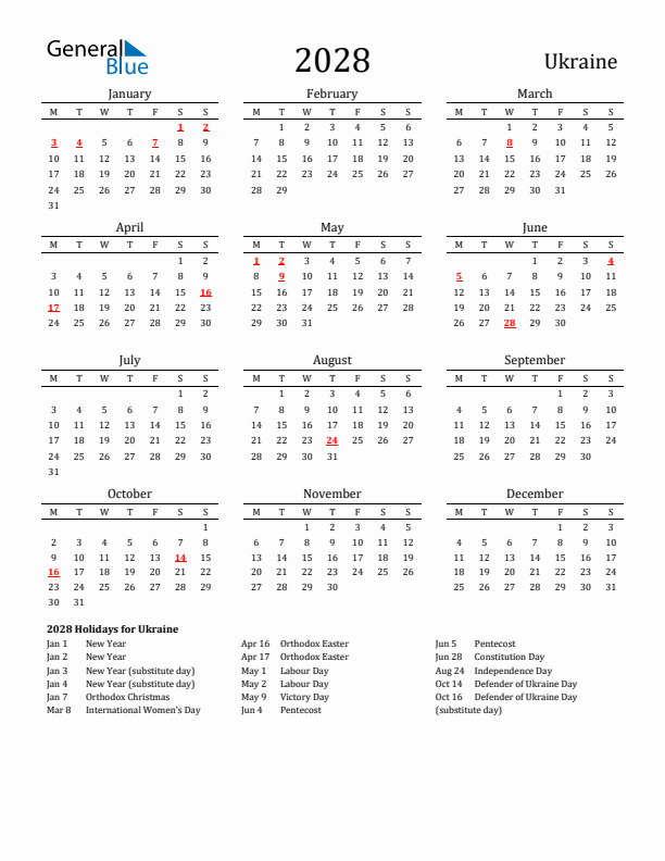 Ukraine Holidays Calendar for 2028