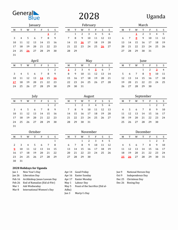 Uganda Holidays Calendar for 2028