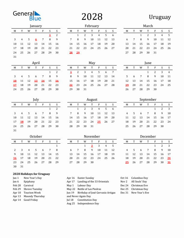 Uruguay Holidays Calendar for 2028