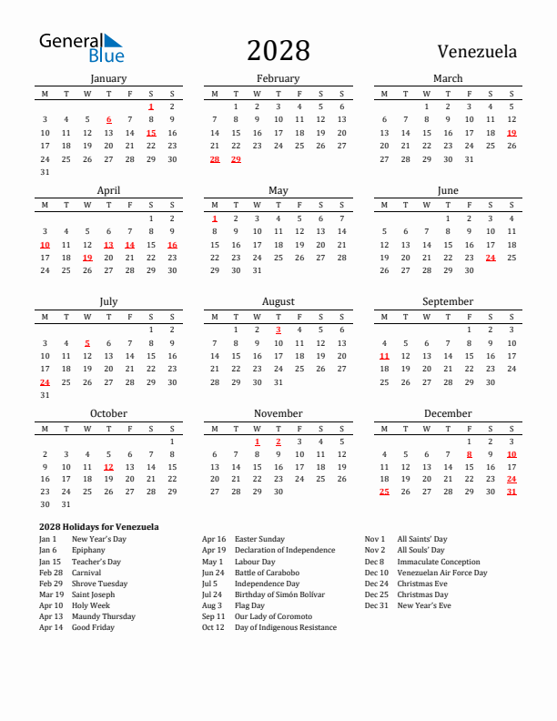 Venezuela Holidays Calendar for 2028