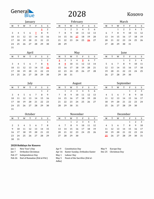 Kosovo Holidays Calendar for 2028