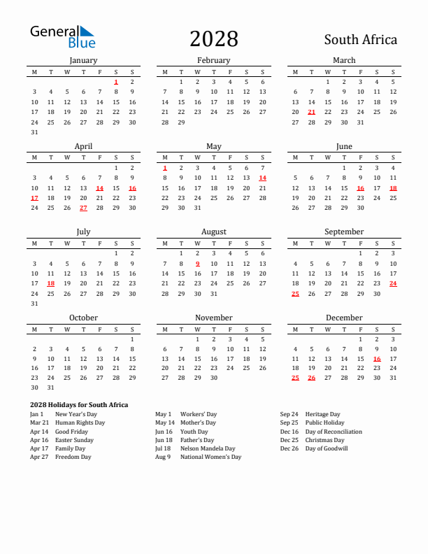 South Africa Holidays Calendar for 2028
