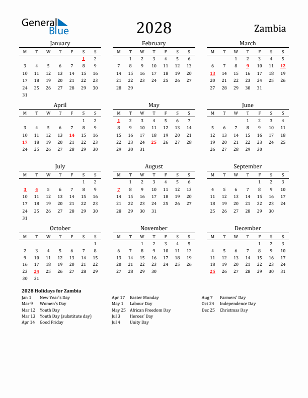 Zambia Holidays Calendar for 2028