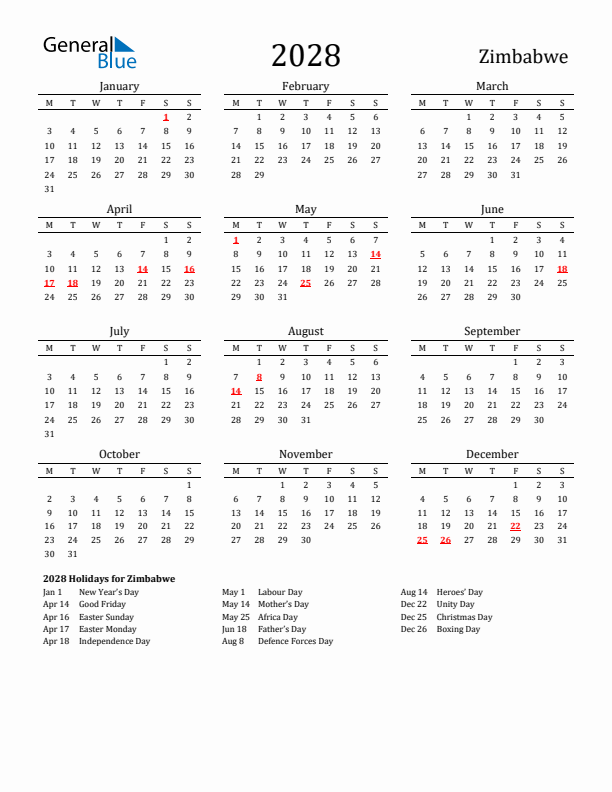Zimbabwe Holidays Calendar for 2028