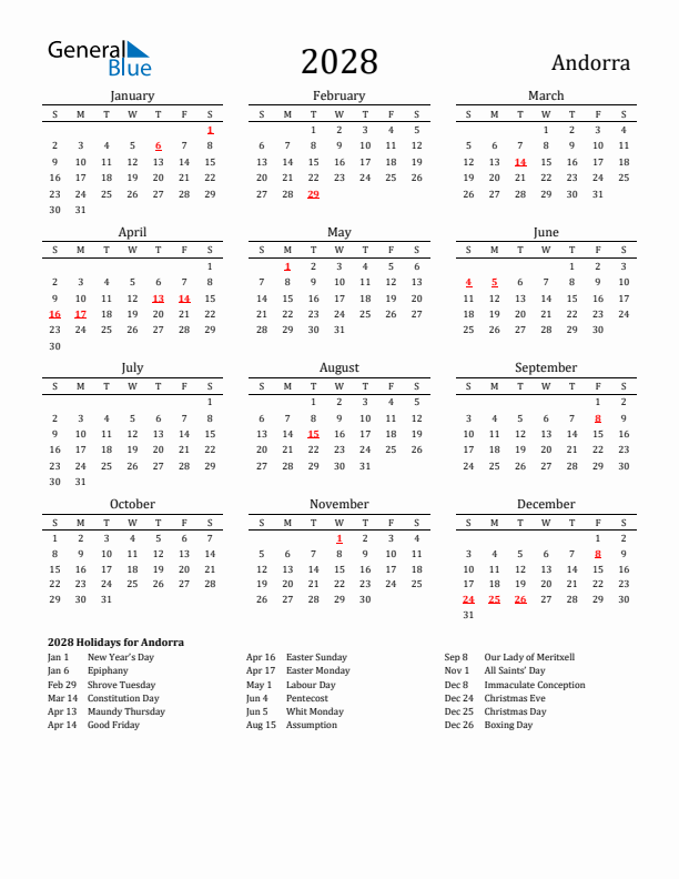 Andorra Holidays Calendar for 2028